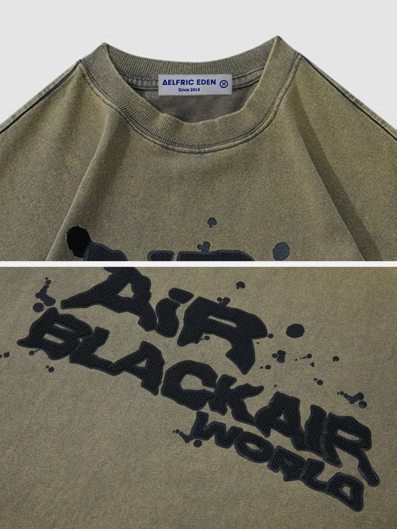 Kaki  T Shirts Aelfric Eden Splash Ink Letter Washed Tee - VFH-3020822